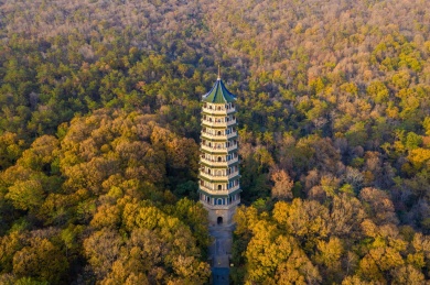 日落时南京紫金山脚下的灵谷寺灵谷塔航拍