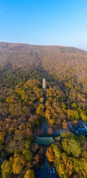 日落时南京紫金山脚下的灵谷寺灵谷塔航拍