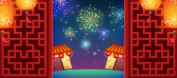 中式门框与烟花背景