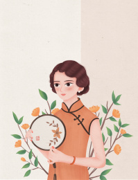 手绘古典旗袍美女手中拿着扇子站在橙色花朵旁插画