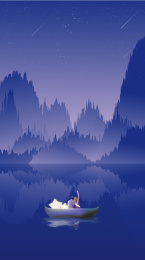 布满繁星的深蓝色夜空下远处的群山和湖面上坐在小船上的情侣矢量插画