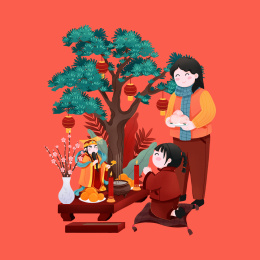 年俗大年初九母亲带着孩子祭拜玉皇大帝祈福手绘插画