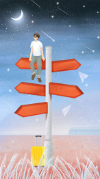 迷茫的男孩坐在方向牌上思考未来