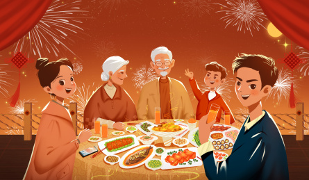 春节吃年夜饭的一家人 红色调新年合家欢吃团圆饭插画 横版