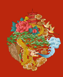中国风传统山水元素意境图案，红色背景