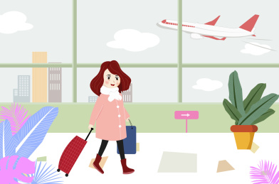 一位女性在候机厅拖着行李箱走的插画