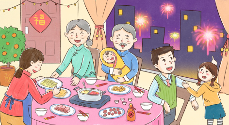 一家子其乐融融团圆饭插画