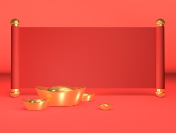3D渲染黄金元宝以及展开的卷轴可用于春节过年海报和广告