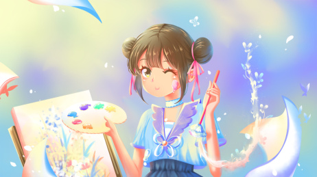 正在绘画的可爱少女，彩色唯美卡通治愈画画的小女孩插画