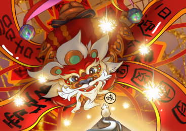 年兽压住脚下的对联福字代表人间的福气，子鼠与年兽对峙从而取得这些福气