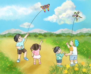 草地上放风筝 孩子们
