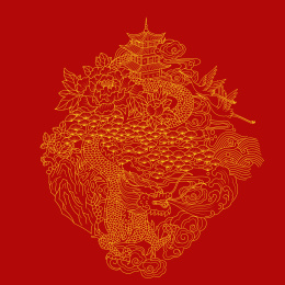 中国风传统元素线条意境图案，红色底纹