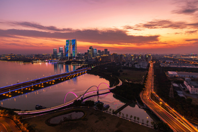 航拍苏州金鸡湖城市风光夜景