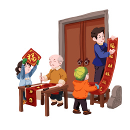 一家大小其乐融融的贴年红