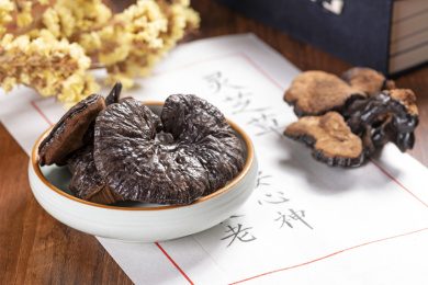 名贵滋补中药材灵芝摆放在桌面上