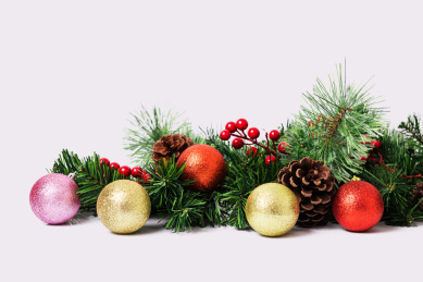 圣诞树和圣诞球以及红色的浆果和松果在白色背景上，圣诞节装饰品