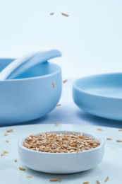 向白色背景上的青釉瓷餐具中倒入燕麦米（莜麦）