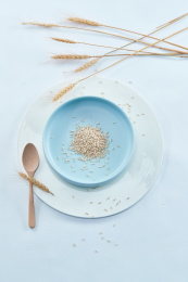 白色背景上的瓷质餐具装的燕麦米（莜麦）