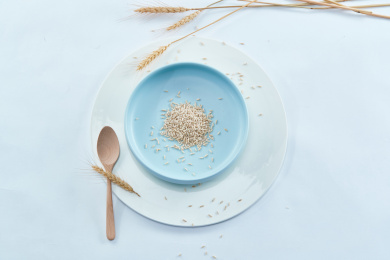 白色背景上的瓷质餐具装的燕麦米（莜麦）