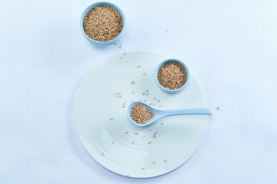 白色背景上的瓷质餐具装的燕麦米（莜麦）