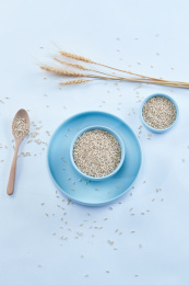 白色背景上的青蓝瓷器皿装的燕麦米（莜麦）