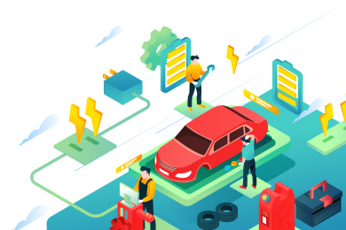 卡通2.5D汽车维修保养活动充电矢量背景插画