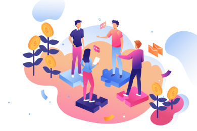 卡通2.5D商务团队合作共赢职场办公矢量背景插画