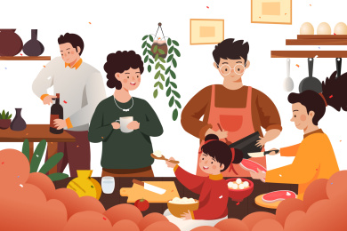 卡通新年春节年夜饭团圆饭吃饭家人团圆背景矢量插画