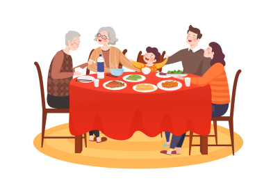 卡通新年春节年夜饭团圆饭吃饭家人团圆背景矢量插画