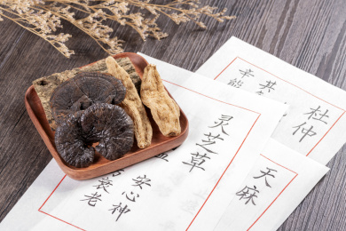 名贵中药材灵芝草杜仲天麻摆放在桌面上