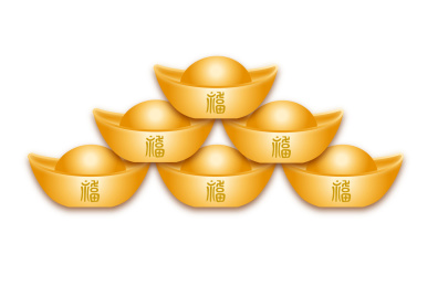 白色背景上摆好的一堆金元宝