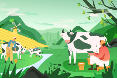 卡通牛奶加工挤奶牧场风景矢量背景插画