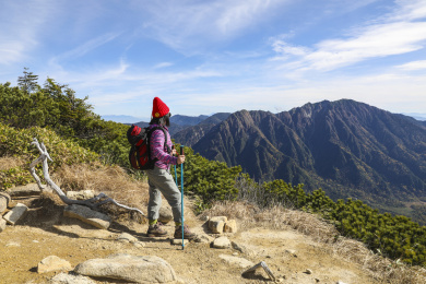 一个手拿登山杖站在山顶看着远方的女性徒步旅行者背影