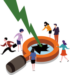 职员围观讨论绿色的下跌箭头下被亏损的调查项目