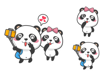 一对可爱卡通开心熊猫情侣CP自拍郊游插画图
