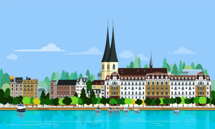 瑞士卢塞恩湖畔怡人风光扁平风格插画