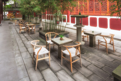 中国四川省成都市文殊院古寺庙内的茶馆