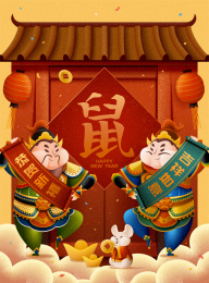新年门神护卫与大门背景