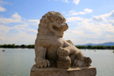 北京颐和园十七孔桥的石狮子特写