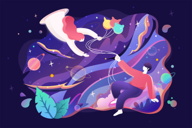 紫色星空下的情侣