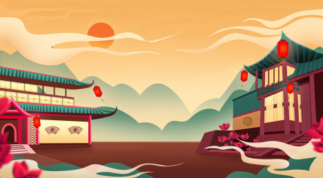 手绘古风春节场景 手绘