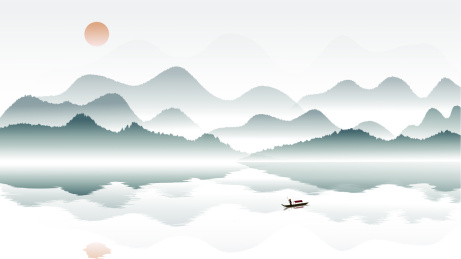 青色江南山水风光中国风水墨横构图矢量插画