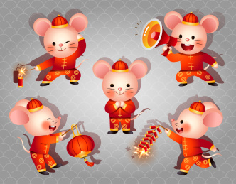 5款鼠年立体渐变唐装老鼠插画
