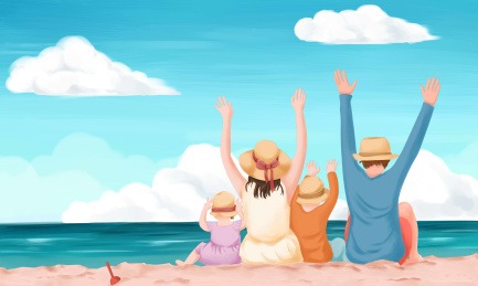 夏天一家人戴着遮阳帽在海边的沙滩旅游度假插画 横版海报