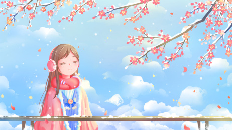 少女欣赏冬季梅花盛开的美景，蓝色粉色唯美卡通小清新冬天节气插画