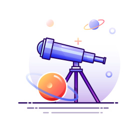 蓝色望远镜围绕着星球的场景插画