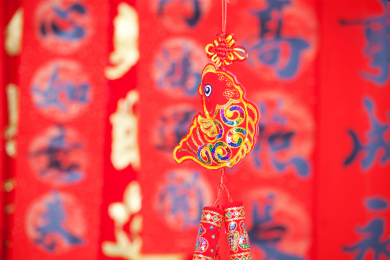 红色对联背景前的年年有余挂件