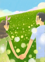 草地上牵手的情侣