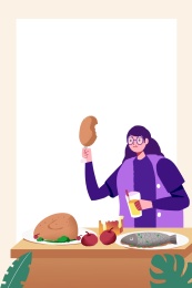  卡通手绘美食博主享受美食吃饭用餐闪屏海报插画