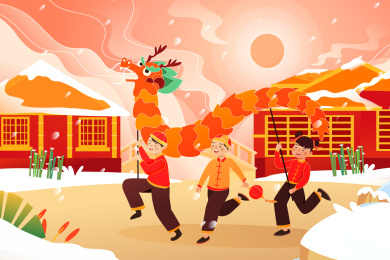 卡通2020鼠年新年舞龙中国风背景矢量插画